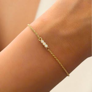 Diamond Bracelet with Thin Chain | Trio Diamond Bracelet in 14K Solid Gold in Bezel Setting | Diamond Bezel Bracelet | Birthday Gift