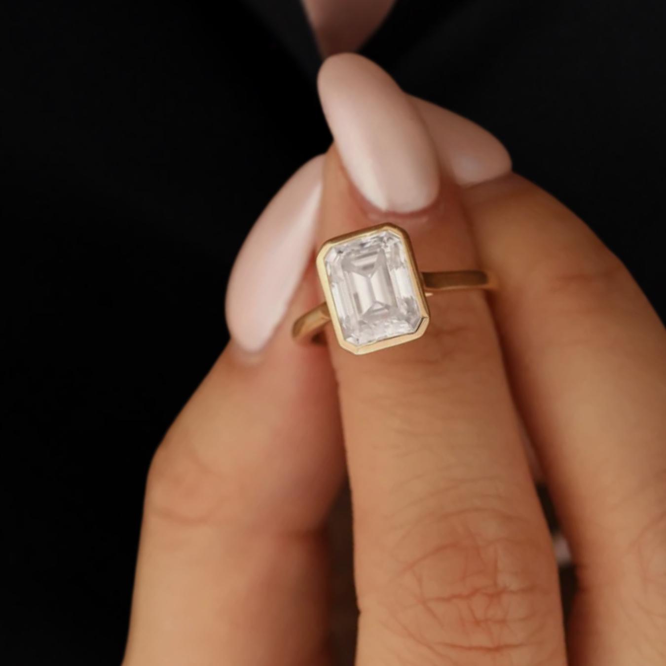 3 Carat Emerald Cut Lab Grown Diamond Engagement Ring | 14K Gold Bezel ...
