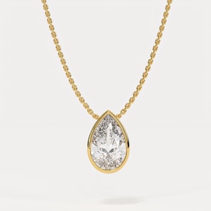 14k Solid Gold Necklace / 1ct Lab Grown Diamond Necklace / Pear Shaped Necklace / Bezel Set Solitaire Necklace / April Birthstone