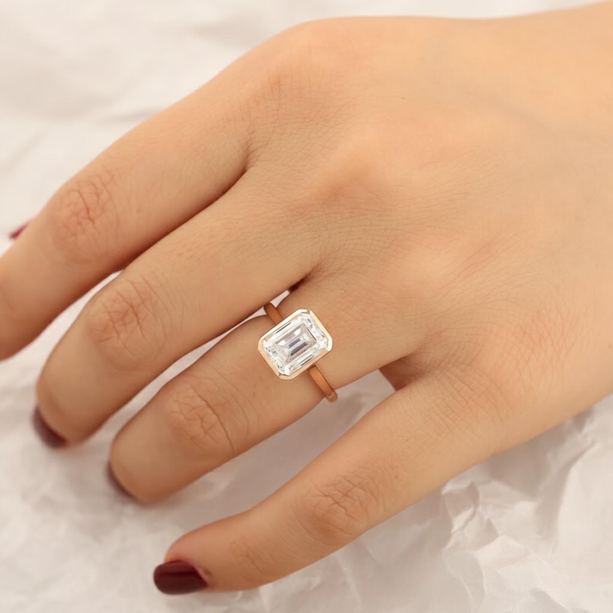 3 Carat Emerald Cut Lab Grown Diamond Engagement Ring | 14K Gold Bezel ...