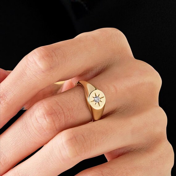 Star Signet Ring Diamond Signet Ring 14K Gold Mothers Day Gift