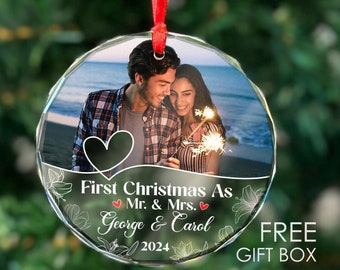 Personalized Couple Christmas Crystal Ornament, 2024 Custom Christmas Ornaments Using Couple's Photo, Xmas Keepsake for First Married