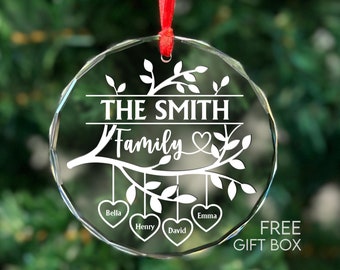 Personalized Family Name Christmas Ornament, Glass Tree Keepsake