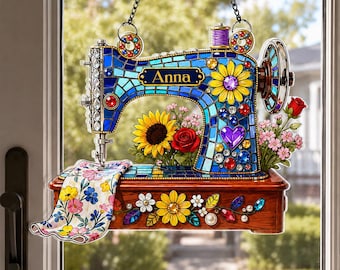 Personalized Sewing Machine Stained Glass Suncatcher, Floral Design Quilter Craft Space Window Decor