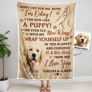 May include: A brown and white dog memorial blanket with the text "Don't cry for me, Mom! I'm Okay! I can run like a puppy! I can even fly with my new wings! Wrap yourself up in this blanket and consider it a big hug from me! I love you forever & always." The blanket also has a paw print design and a space to upload a photo of the dog.