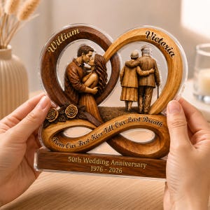 Può includere: Un ricordo di legno per il 50° anniversario di matrimonio. Il design a forma di infinito presenta una giovane coppia che si bacia e una coppia più anziana che si abbraccia. I nomi "William" e "Victoria" sono incisi, insieme alla frase "From Our First Kiss Till Our Last Breath."