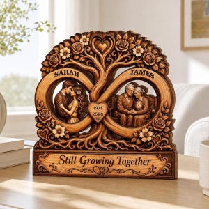 Puede incluir: Una placa decorativa de madera marrón con un símbolo de infinito en forma de árbol con rosas. Muestra los nombres Sarah y James, las fechas 1971 y 2026, y el texto Still Growing Together. Dos recortes circulares muestran parejas.