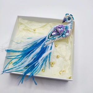 Winter  Bird Brooch, Blue and Black Birds Brooch with Ostrich feathers and crystals pin, Beaded Women Pin, Gift for Her, Winter Jewelry