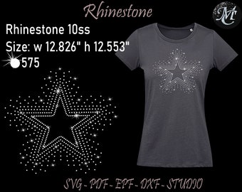 May include: A gray t-shirt with a rhinestone star design. The star is approximately 12.8 inches wide and 12.5 inches tall. The design is made up of 575 rhinestones. Rhinestone 10ss. SVG - PDF - EPF - DXF - STUDIO