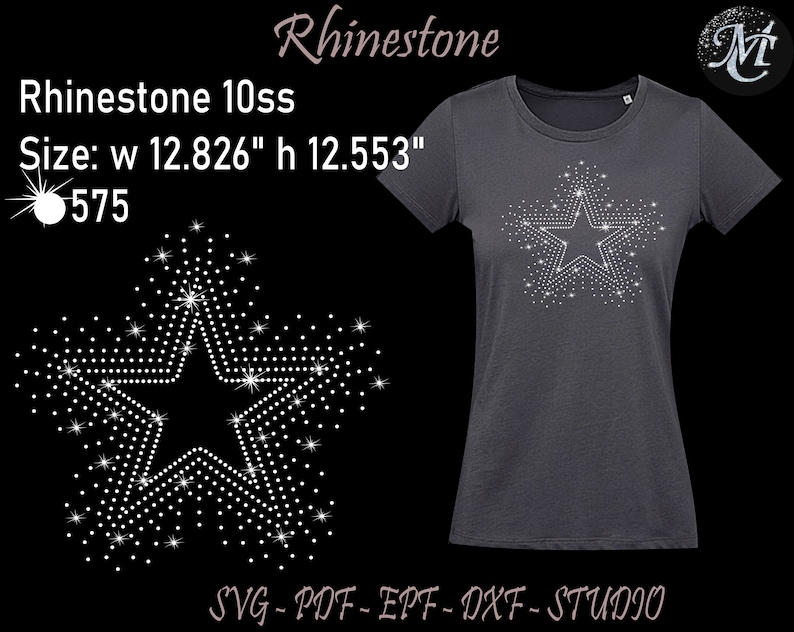 Puede incluir: Una camiseta gris con un dise&ntilde;o de estrella de pedrer&iacute;a. La estrella mide aproximadamente 12,8 pulgadas de ancho y 12,5 pulgadas de alto. El dise&ntilde;o est&aacute; compuesto por 575 pedrer&iacute;as. Pedrer&iacute;a 10ss. SVG - PDF - EPF - DXF - STUDIO