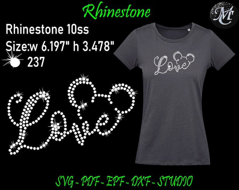 May include: Dark gray t-shirt with a rhinestone "Love" design, incorporating a Mickey Mouse head silhouette. The design is 6.197 inches wide and 3.478 inches high. The image also includes the text "Rhinestone" and "SVG-PDF-EPF-DXF-STUDIO".
