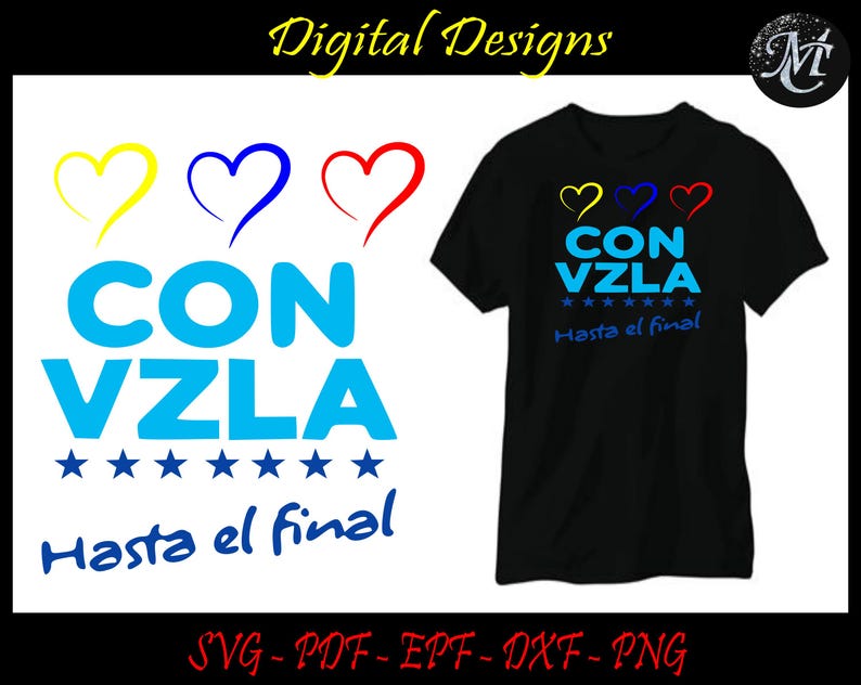 K&ouml;nnte beinhalten: Ein schwarzes T-Shirt mit einem blauen und wei&szlig;en Grafikdesign, auf dem "CON VZLA*****Hasta el final" steht. Drei Herzen in Gelb, Blau und Rot befinden sich &uuml;ber dem Text.