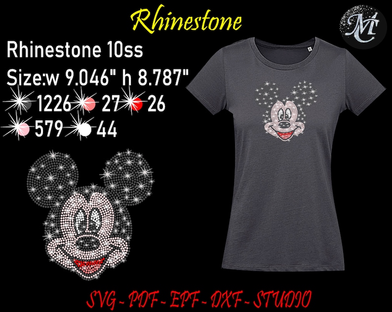 May include: Dark gray t-shirt featuring a rhinestone Mickey Mouse design. The design includes a smiling face with a red mouth and sparkling details. The text "Rhinestone" is at the top, and the size is 9.046" wide and 8.787" high.