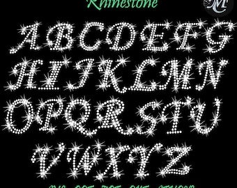 May include: A set of uppercase letters A through Z made of white rhinestones on a black background. The letters are in a cursive font. The text "Rhinestone" is at the top of the image. The text "SVG - PDF - EPF - DXF - STUDIO" is at the bottom of the image.