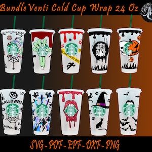 Puede incluir: Un conjunto de diez envoltorios para vasos fr&iacute;os de 24 onzas con varios dise&ntilde;os de tem&aacute;tica de Halloween. Los dise&ntilde;os incluyen un esqueleto, una bruja, una calabaza, un fantasma, una telara&ntilde;a, una cruz, una boca y murci&eacute;lagos. Los envoltorios est&aacute;n impresos en papel blanco y est&aacute;n listos para aplicarse a vasos fr&iacute;os.