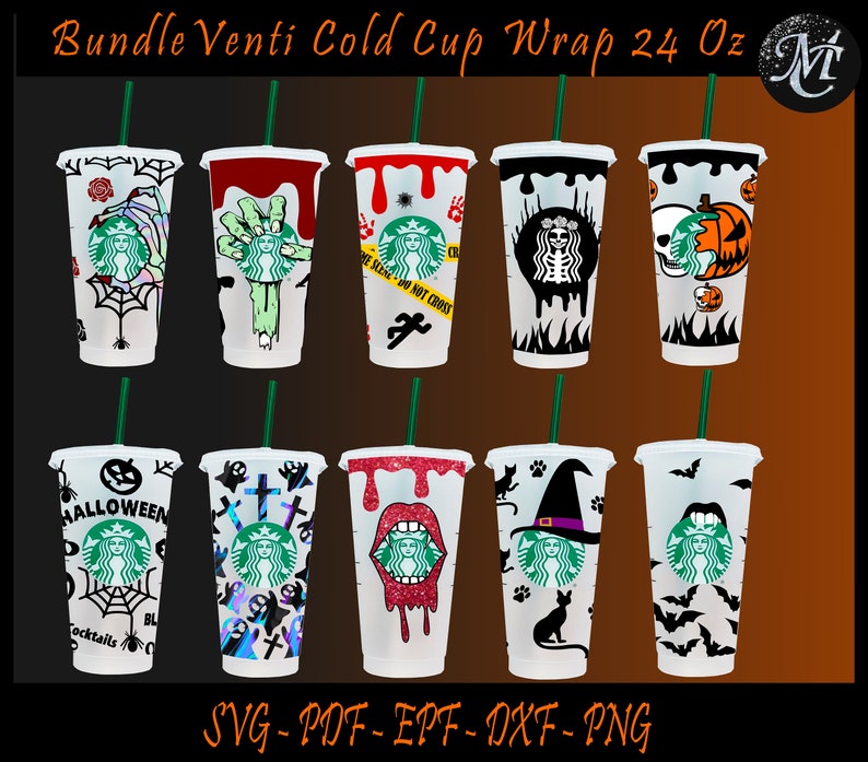 Puede incluir: Un conjunto de diez envoltorios para vasos fr&iacute;os de 24 onzas con varios dise&ntilde;os de tem&aacute;tica de Halloween. Los dise&ntilde;os incluyen un esqueleto, una bruja, una calabaza, un fantasma, una telara&ntilde;a, una cruz, una boca y murci&eacute;lagos. Los envoltorios est&aacute;n impresos en papel blanco y est&aacute;n listos para aplicarse a vasos fr&iacute;os.