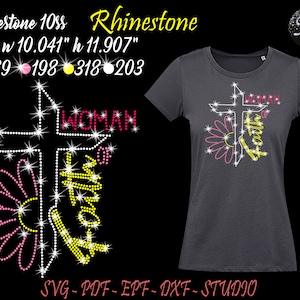 Mujer de fe Rhinestone, Mujer de fe Svg, Faith Rhinestone, Jesús Rhinestone, Cross Rhinestone, Rhinestone Svg, Plantilla de Rhinestone