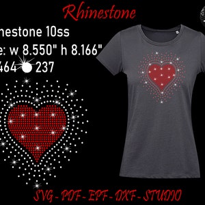 May include: A red rhinestone heart design on a dark grey t-shirt. The design is 8.55 inches wide and 8.166 inches tall. The design is made up of 464 red rhinestones and 237 clear rhinestones.  SVG-PDF-EPF-DXF-STUDIO