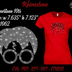 May include: A red t-shirt with a white rhinestone design of a person with glasses and hair. The design is approximately 19.4 cm wide and 18.1 cm tall. The design is labelled "Rhinestone 10ss" and "1062".