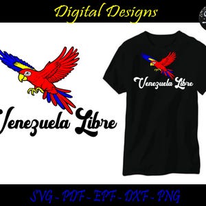 K&ouml;nnte beinhalten: Ein schwarzes T-Shirt mit einem roten, blauen und gelben Papageien-Design und dem Text "Venezuela Libre".