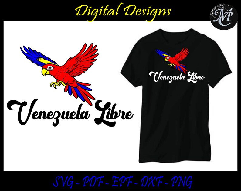 K&ouml;nnte beinhalten: Ein schwarzes T-Shirt mit einem roten, blauen und gelben Papageien-Design und dem Text "Venezuela Libre".
