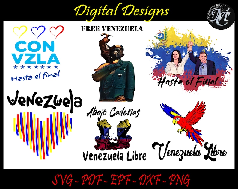 K&ouml;nnte beinhalten: Digitale Designs zum Herunterladen mit einem roten, gelben und blauen Herzen mit dem Text "Venezuela" und den Worten "Free Venezuela" in einem rot-wei&szlig;-blauen Farbschema. Die Designs beinhalten auch einen Papagei, eine Person mit erhobener Faust und eine Flagge Venezuelas.