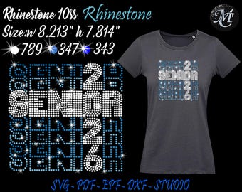 May include: A dark gray t-shirt featuring a rhinestone design that reads SENIOR 2026. The graphic uses white and blue rhinestones, measuring 8.213 inches wide by 7.814 inches high. The design includes 789 white, 347 light blue, and 343 blue stones.