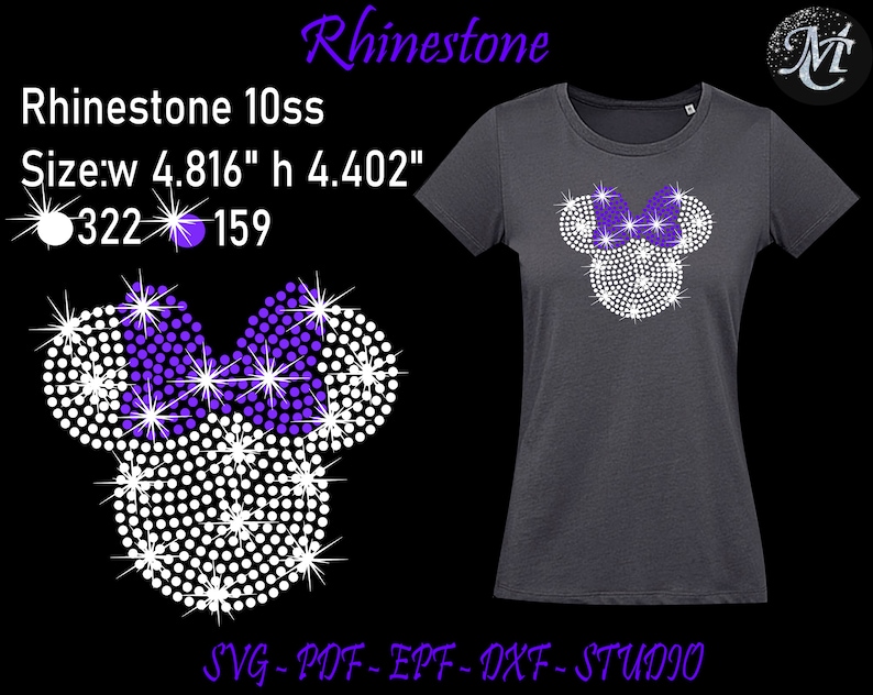 May include: Dark gray t-shirt featuring a rhinestone design of a bow and mouse ears. The bow is purple, and the ears are white. The design is made of rhinestones. The text "Rhinestone" is at the top.