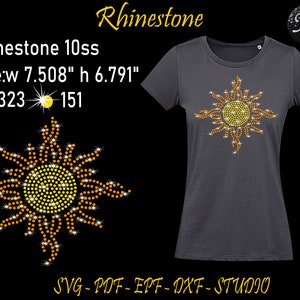 May include: A gray t-shirt with a rhinestone sun design. The sun is made of yellow and orange rhinestones. The t-shirt is 7.508 inches wide and 6.791 inches tall. The design uses 323 yellow rhinestones and 151 orange rhinestones.  SVG - PDF - EPF - DXF - STUDIO