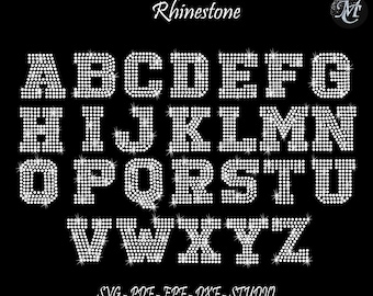 May include: A set of uppercase letters A through Z made of white rhinestones on a black background. The letters are in a bold, block font. The text "Rhinestone" appears above the letters and the text "SVG-PDF-EPF-DXF-STUDIO" appears below the letters.