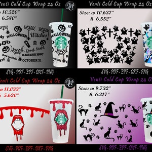 Puede incluir: Cuatro dise&ntilde;os diferentes para una envoltura de vaso fr&iacute;o de 24 onzas. Los dise&ntilde;os incluyen un tema de Halloween en blanco y negro con fantasmas, cruces y murci&eacute;lagos, un tema de Halloween en blanco y negro con ara&ntilde;as, calabazas y brujas, una boca de vampiro roja y blanca con sangre goteando, y un tema de gato y sombrero de bruja en blanco y negro.