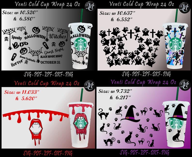 Puede incluir: Cuatro dise&ntilde;os diferentes para una envoltura de vaso fr&iacute;o de 24 onzas. Los dise&ntilde;os incluyen un tema de Halloween en blanco y negro con fantasmas, cruces y murci&eacute;lagos, un tema de Halloween en blanco y negro con ara&ntilde;as, calabazas y brujas, una boca de vampiro roja y blanca con sangre goteando, y un tema de gato y sombrero de bruja en blanco y negro.