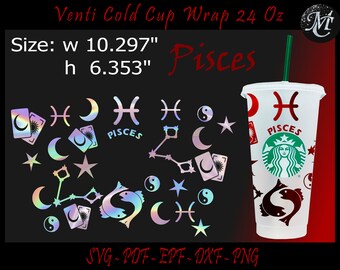 Puede incluir: Un diseño digital para una envoltura de vaso frío de 24 onzas que presenta el signo del zodíaco Piscis. El diseño incluye una variedad de símbolos, incluyendo una luna creciente, estrellas y un símbolo yin yang. El texto "Piscis" está incluido en el diseño. El diseño está dimensionado para adaptarse a un vaso de 10,297 pulgadas de ancho por 6,353 pulgadas de alto.