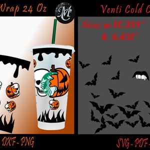 Puede incluir: Un dise&ntilde;o digital para una envoltura de vaso fr&iacute;o de 24 onzas con tem&aacute;tica de Halloween con pintura negra goteando, calaveras, calabazas y llamas. El dise&ntilde;o est&aacute; disponible en los formatos SVG, PDF, EPF, DXF y PNG. El tama&ntilde;o del dise&ntilde;o es de 11,033 pulgadas de ancho y 6,772 pulgadas de alto.