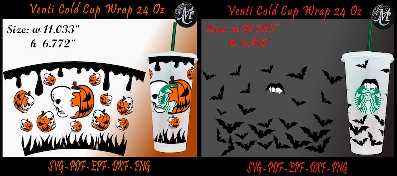 Puede incluir: Un dise&ntilde;o digital para una envoltura de vaso fr&iacute;o de 24 onzas con tem&aacute;tica de Halloween con pintura negra goteando, calaveras, calabazas y llamas. El dise&ntilde;o est&aacute; disponible en los formatos SVG, PDF, EPF, DXF y PNG. El tama&ntilde;o del dise&ntilde;o es de 11,033 pulgadas de ancho y 6,772 pulgadas de alto.
