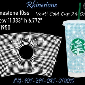 Puede incluir: Un diseño digital para una manga de taza de strass para una taza fría de 24 onzas. El diseño presenta un fondo blanco con un patrón de strass transparente. El diseño tiene 11,033 pulgadas de ancho y 6,772 pulgadas de alto. El diseño está disponible en los formatos SVG, PDF, EPF, DXF y STUDIO.