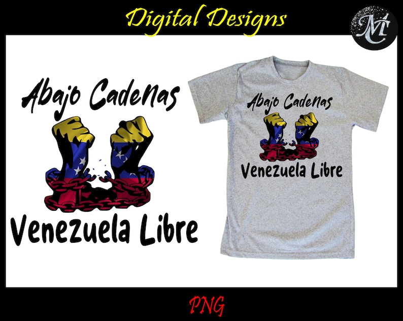 K&ouml;nnte beinhalten: Ein graues T-Shirt mit einem grafischen Design von zwei F&auml;usten, die sich aus Ketten befreien. Die F&auml;uste sind in den Farben der venezolanischen Flagge eingewickelt. Der Text "Abajo Cadenas Venezuela Libre" ist auf das T-Shirt gedruckt.