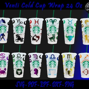 Puede incluir: Doce envoltorios para vasos fríos de 24 onzas que representan los doce signos del zodíaco. Cada envoltorio es blanco con un logotipo de Starbucks negro y un símbolo del zodíaco dorado. Los símbolos del zodíaco son Acuario, Capricornio, Piscis, Aries, Tauro, Géminis, Cáncer, Leo, Virgo, Libra, Escorpio y Sagitario.