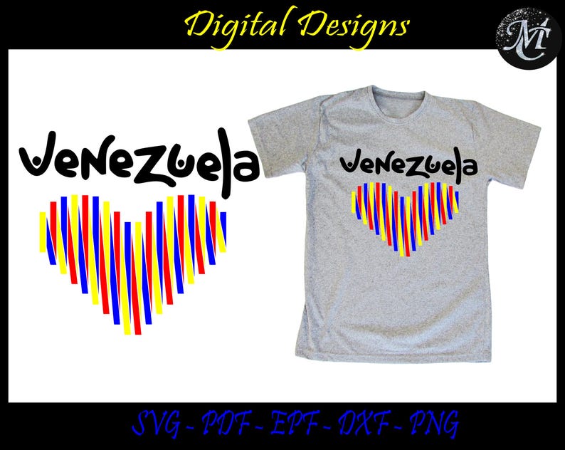 K&ouml;nnte beinhalten: Ein graues T-Shirt mit dem Wort "Venezuela" in schwarzer Schrift und einem herzf&ouml;rmigen Design aus gelben, blauen und roten Streifen. Das Design ist auch als separates Grafik verf&uuml;gbar.