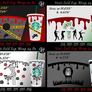 Puede incluir: Cuatro dise&ntilde;os diferentes para una envoltura de vaso fr&iacute;o Venti de 24 onzas. Los dise&ntilde;os presentan un tema de Halloween espeluznante con sangre, zombis, ara&ntilde;as y esqueletos. Los dise&ntilde;os son en negro, blanco, rojo y verde.