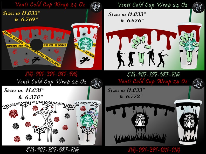 Puede incluir: Cuatro dise&ntilde;os diferentes para una envoltura de vaso fr&iacute;o Venti de 24 onzas. Los dise&ntilde;os presentan un tema de Halloween espeluznante con sangre, zombis, ara&ntilde;as y esqueletos. Los dise&ntilde;os son en negro, blanco, rojo y verde.