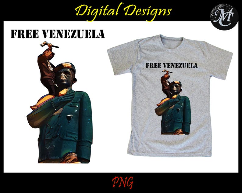 K&ouml;nnte beinhalten: Ein graues T-Shirt mit dem Text "FREE VENEZUELA" auf der Vorderseite. Das Design zeigt einen Mann in gr&uuml;ner Uniform, der einen Hammer h&auml;lt, w&auml;hrend ein anderer Mann in brauner Uniform auf seinen Schultern steht.