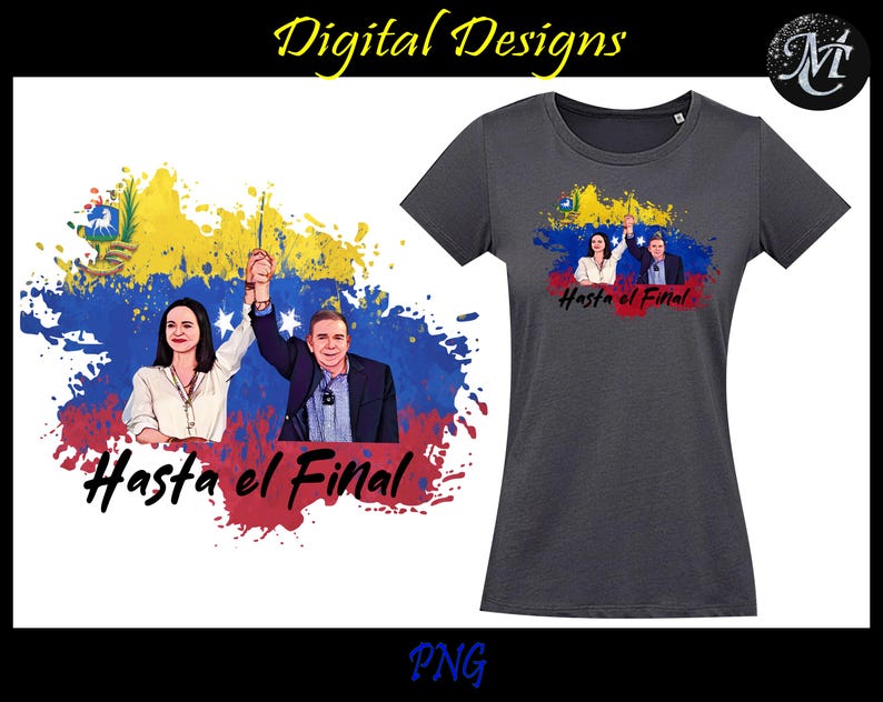 K&ouml;nnte beinhalten: Ein dunkelgraues T-Shirt mit einem farbenfrohen Grafikdesign, das zwei Personen zeigt, die ihre H&auml;nde in die Luft heben. Die Grafik enth&auml;lt eine gelbe, blaue und rote Flagge mit dem Text "Hasta el Final" in Rot und Wei&szlig;.