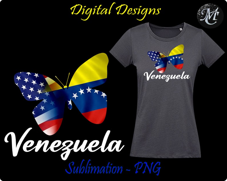 May include: A sublimation design featuring a butterfly with the Venezuelan flag on one side and the American flag on the other. The butterfly is outlined in white and the text "Venezuela" is written below the butterfly. The text "Sublimation - PNG" is written below the text "Venezuela".