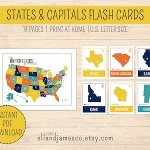 États-Unis et capitales | Flashcards imprimables | Géographie des États-Unis | Activité scolaire à la maison | Cartes d'État | Sciences humaines | PDF