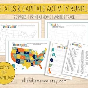 Staaten und Hauptstädte Aktivitäten Bündel | Druckbare USA Lernaktivität | Kinder Geographie | Zustandspraxis | Hausschulaktivität