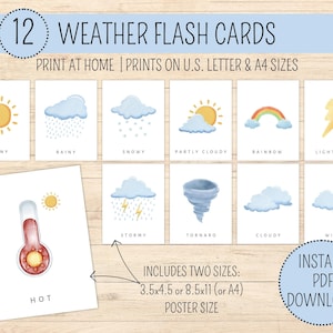 Flash Cards météo | Cartes flash imprimables | Cartes préscolaires | Cartes éducatives imprimables | Cartes Flash Montessori | Téléchargement PDF