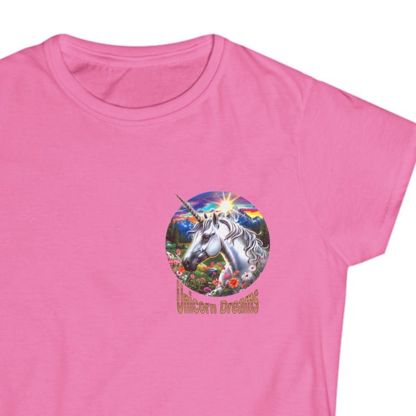 Unicorn Dreams #1 comfortable Women's T-Shirt with images of Unicorn's on the front and back of a Women's Softstyle Tee