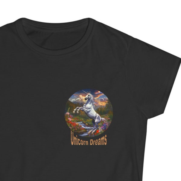 Unicorn Dreams #2 comfortable Women's T-Shirt with images of Unicorn's on the front and back of a Women's Softstyle Tee