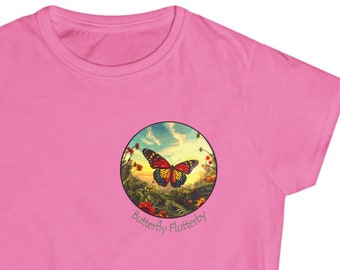 Butterfly Flutter By #1 comfortable Women's T-Shirt with images of butterflies on the front and back of a Women's Softstyle Tee